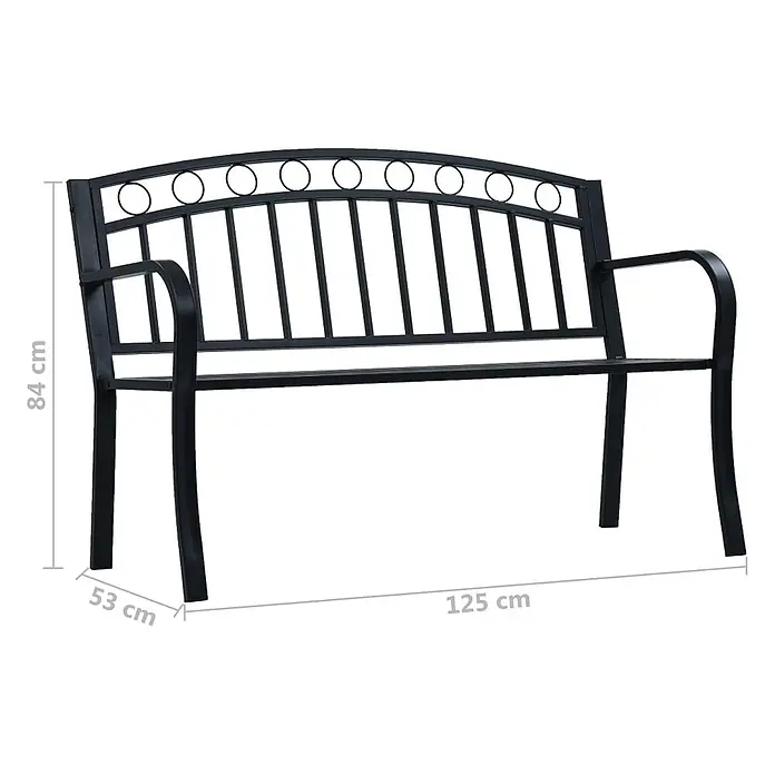 Furnicato Gartenbank Stahl - B x T x H: 125 x 53 x 84 cm, Schwarz - Schwarze Metall-Gartenbank mit Zierlehne und Armlehnen. Maße: H 84 cm, B 125 cm, T 53 cm.