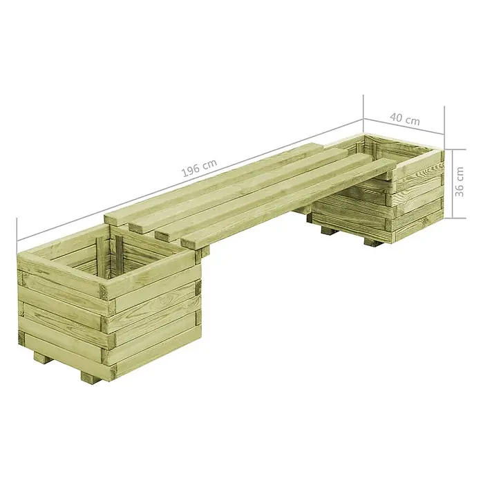Furnicato Gartenbank Kiefernholz imprägniert - B x T x H: 196 x 40 x 36 cm, Grün - Hellgrüne Holzgartenbank mit zwei integrierten quadratischen Pflanzgefäßen, 196 cm lang.