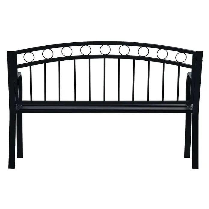 Furnicato Gartenbank Stahl - B x T x H: 125 x 53 x 84 cm, Schwarz - Schwarze Metallgartenbank mit Lattenrostsitz und gewölbter Rückenlehne mit Zierkreisen.