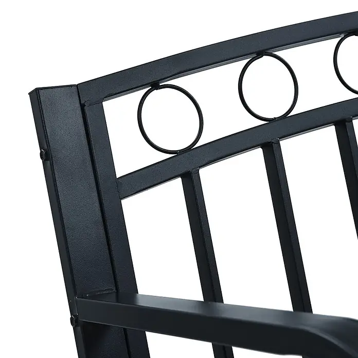Furnicato Gartenbank Stahl - B x T x H: 125 x 53 x 84 cm, Schwarz - Schwarzes Metallmöbeldetail mit vertikalen Streben, dekorativen Kreisen und einer Armlehne.