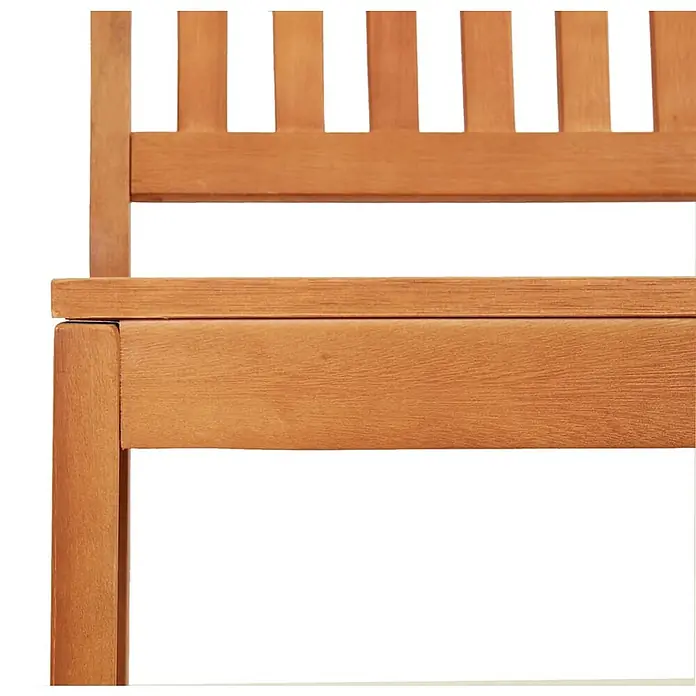 Furnicato Gartenbank Eukalyptusholz geölt - B x T x H: 45 x 110 x 77 cm, Braun - Detail einer hellbraunen Holzbank: Sitz, Bein und Lattenlehne.