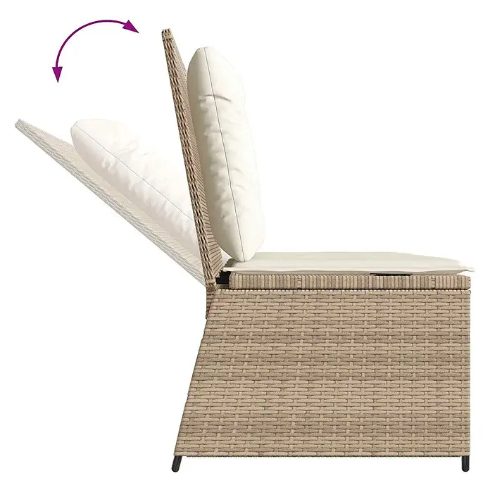 Furnicato Gartenbank Poly-Rattan - B x T x H: 108 x 110 x 95 cm, Beige und Cremeweiß - Beiger Rattan-Gartenstuhl mit cremefarbenen Kissen, der den verstellbaren Rückenlehnenmechanismus zeigt.