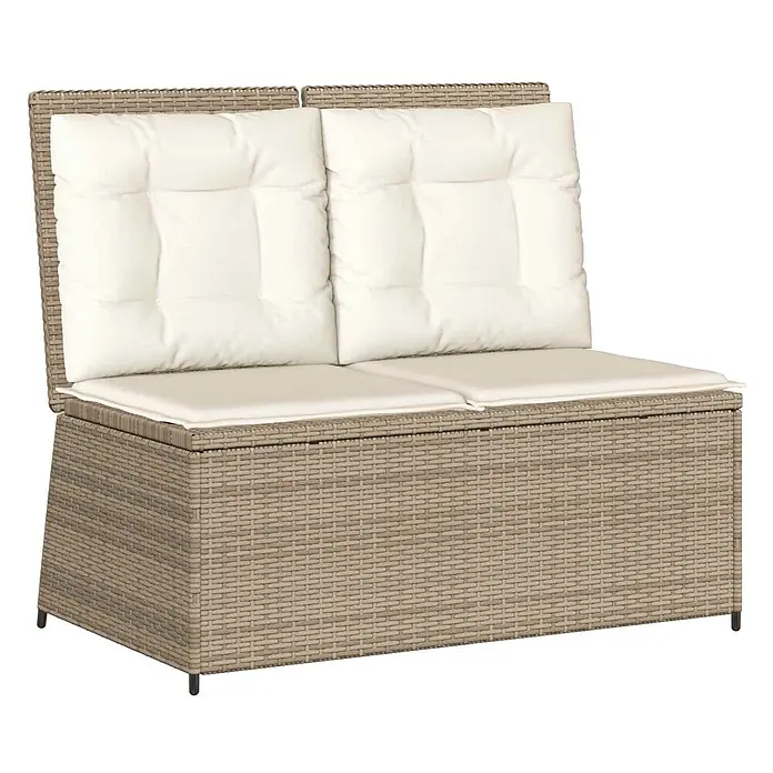 Furnicato Gartenbank Poly-Rattan - B x T x H: 108 x 110 x 95 cm, Beige und Cremeweiß - Beiges Rattan 2-Sitzer Gartensofa mit cremefarbenen Polstern.