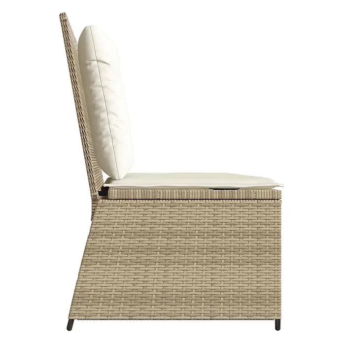 Furnicato Gartenbank Poly-Rattan - B x T x H: 108 x 110 x 95 cm, Beige und Cremeweiß - Seitenansicht eines beigen Rattan-Gartensessels mit weißen Rücken- und Sitzkissen.