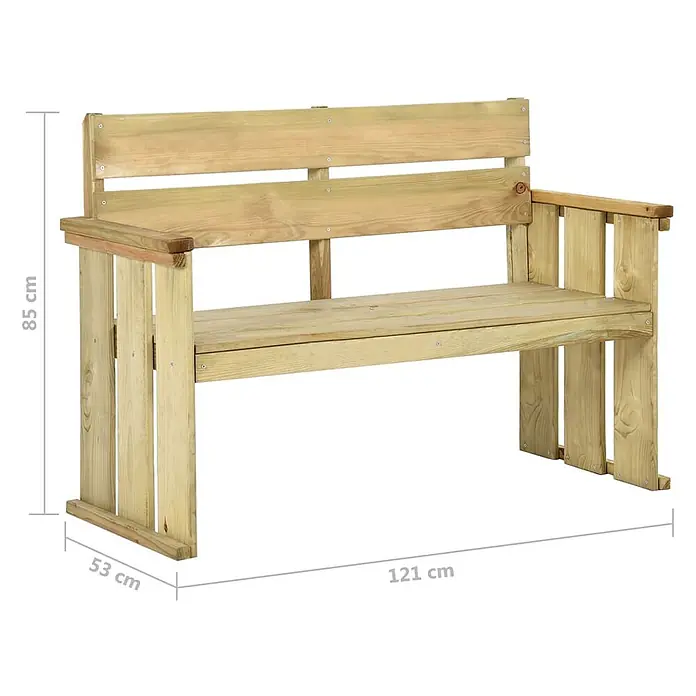 Furnicato Gartenbank Kiefernholz imprägniert - B x T x H: 53 x 121 x 85 cm, Braun - Helle Holz-Gartenbank mit Rücken- und Armlehnen. Maße: 121 cm B, 85 cm H, 53 cm T.