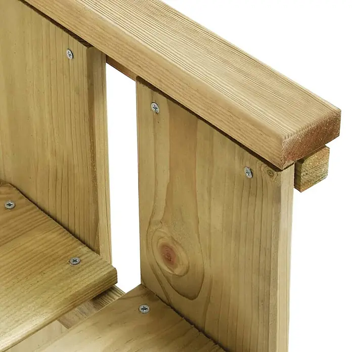 Furnicato Gartenbank Kiefernholz imprägniert - B x T x H: 53 x 121 x 85 cm, Braun - Nahaufnahme von hellbraunen Holzbrettern, mit Schrauben zu einer Außenecke verbunden.