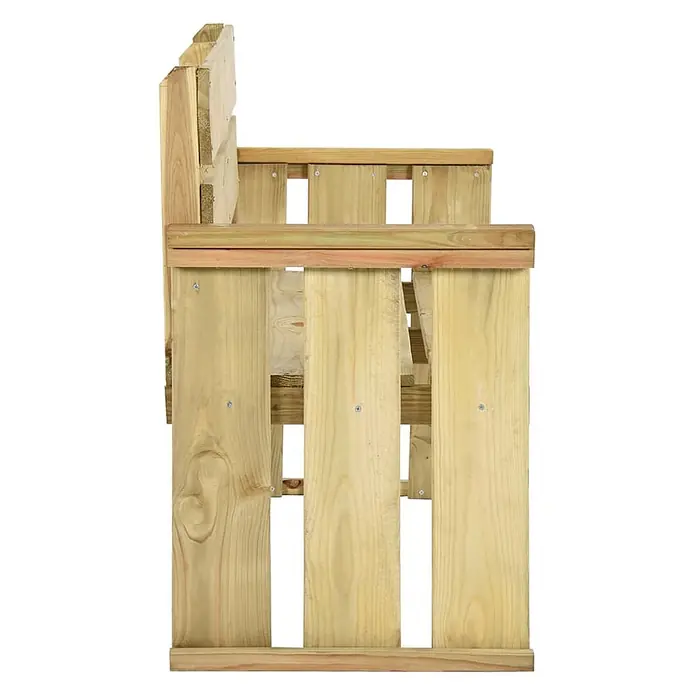 Furnicato Gartenbank Kiefernholz imprägniert - B x T x H: 53 x 121 x 85 cm, Braun - Seitenansicht einer hellen Holz-Outdoor-Bank aus Latten.