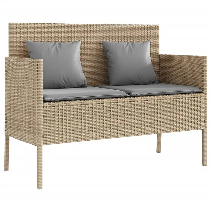 Furnicato Gartenbank PE-Rattan - B x T x H: 113 x 61 x 87 cm, Beige und Grau - Zweisitzer-Gartenbank aus beigem Rattan mit grauen Kissen.