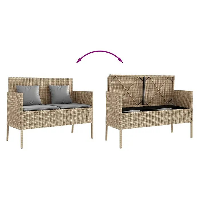 Furnicato Gartenbank - B x T x H: 113 x 61 x 87 cm, Beige und Grau - Beige Rattan-Gartenbank mit grauen Kissen, geschlossen und mit hochgeklappter Rückenlehne als Stauraum gezeigt.
