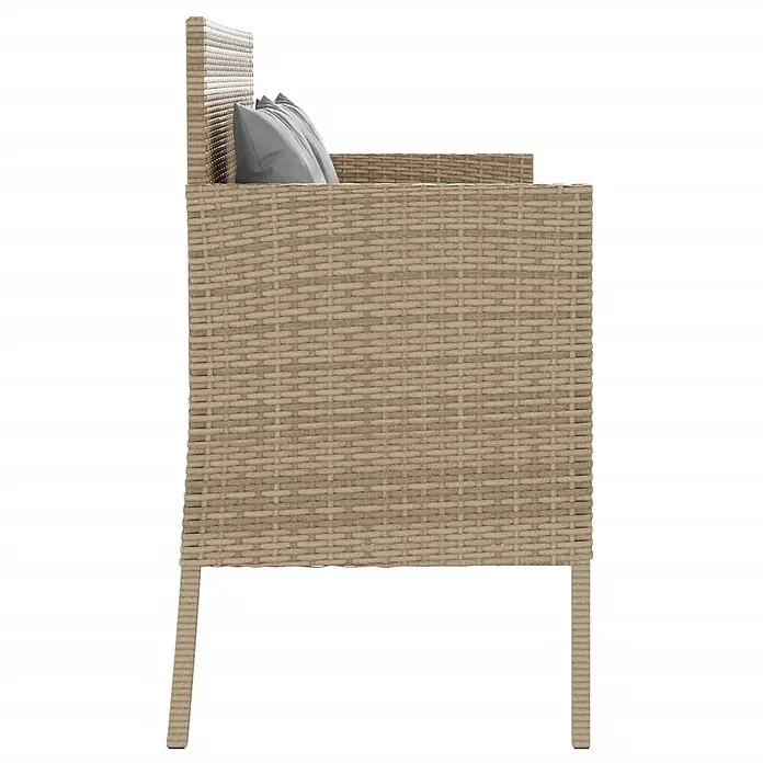 Furnicato Gartenbank - B x T x H: 113 x 61 x 87 cm, Beige und Grau - Seitenansicht eines beigen Outdoor-Sofas aus Rattan mit grauen Kissen.