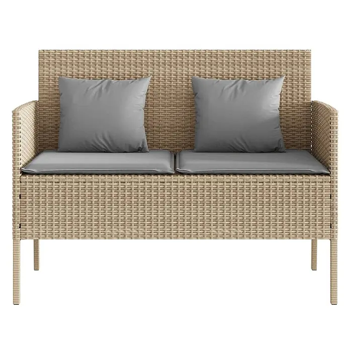 Furnicato Gartenbank PE-Rattan - B x T x H: 113 x 61 x 87 cm, Beige und Grau - Zweisitzige beige Rattan-Gartenbank mit grauen Kissen.