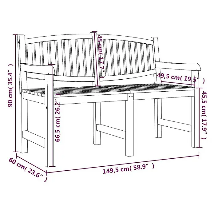 Furnicato Gartenbank Teak-Massivholz - B x T x H: 149,5 x 60 x 90 cm, Braun - Technische Zeichnung einer Gartenbank mit Maßen für Gesamtgröße und Sitzhöhe.
