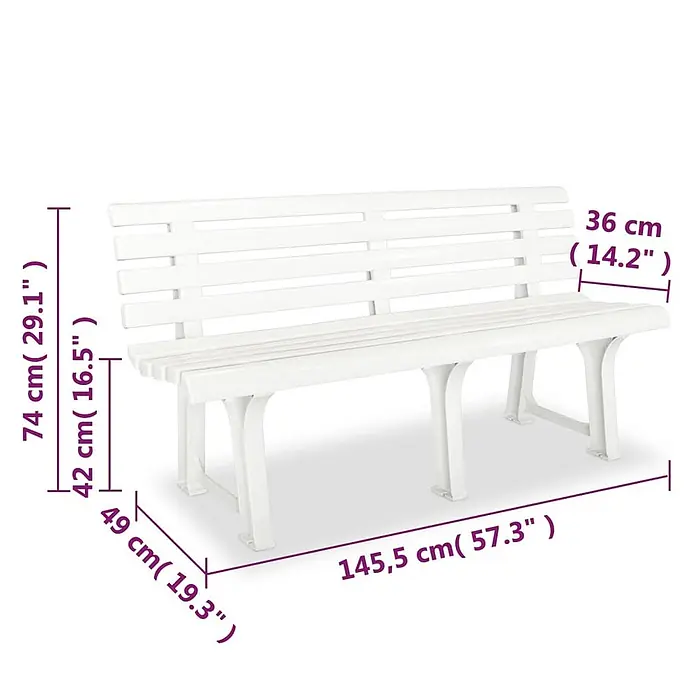 Furnicato Gartenbank Kunststoff - B x T x H: 145,5 x 49 x 74 cm, Weiß - Weiße Parkbank mit Maßen.