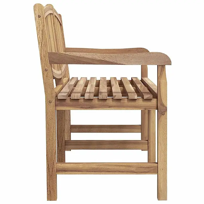 Furnicato Gartenbank Teak-Massivholz - B x T x H: 149,5 x 60 x 90 cm, Braun - Seitenansicht einer naturbelassenen Holzbank mit Lattenrost und Armlehnen.