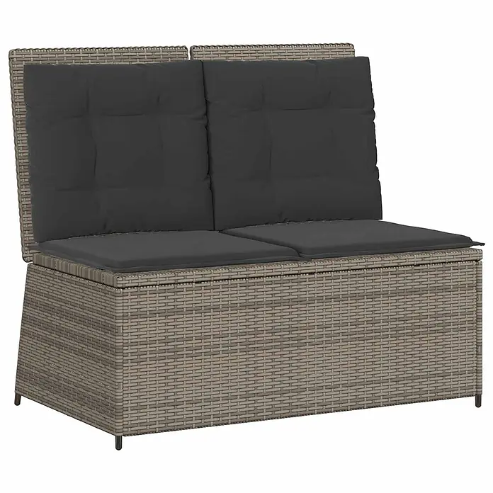 Furnicato Gartenbank Poly-Rattan - B x T x H: 108 x 110 x 95 cm, Grau - Zweisitzige graue Rattan-Gartenbank mit dunkelgrauen Kissen und integriertem Stauraum.