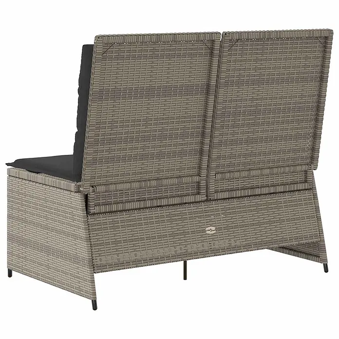 Furnicato Gartenbank Poly-Rattan - B x T x H: 108 x 110 x 95 cm, Grau - Graues Rattan-Gartensofa für 2 Personen mit schwarzen Kissen, von hinten gesehen.
