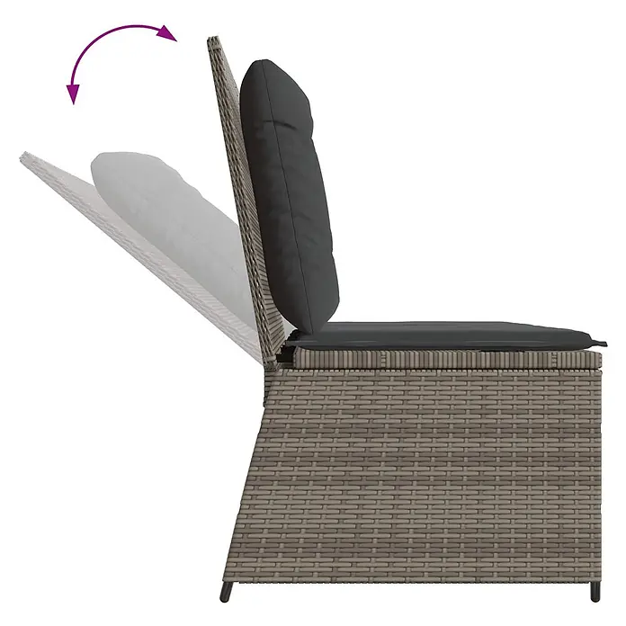 Furnicato Gartenbank Poly-Rattan - B x T x H: 108 x 110 x 95 cm, Grau - Grauer Outdoor-Stuhl im Rattan-Stil mit dunklen Kissen und verstellbarer Rückenlehne, in zwei Positionen dargestellt.