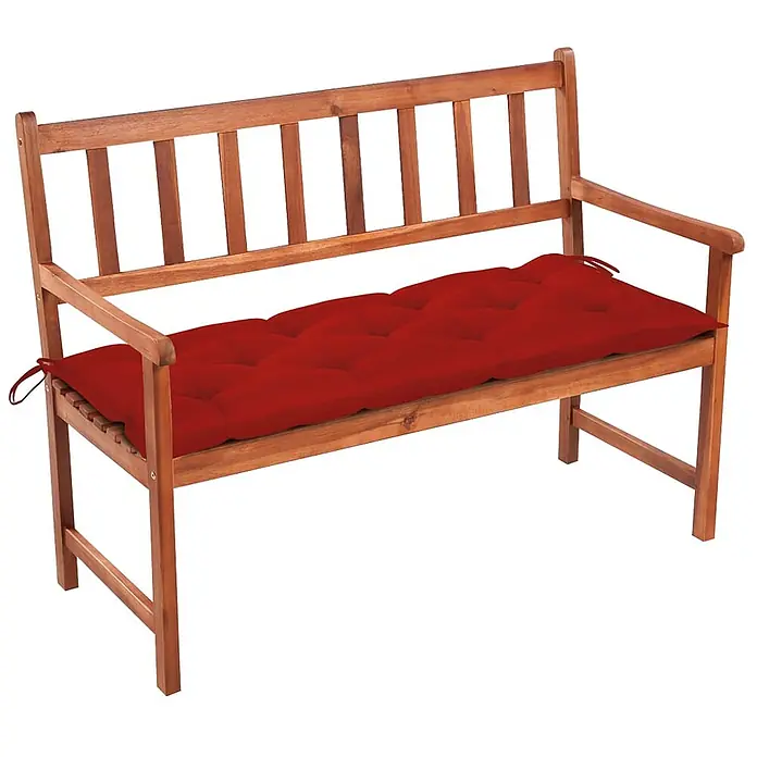 Furnicato Gartenbank Akazienholz geölt - B x T x H: 58 x 120 x 90 cm, Rot - Holzgartenbank mit rotem, gestepptem Sitzkissen.