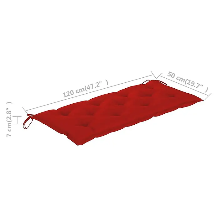 Furnicato Gartenbank Akazienholz geölt - B x T x H: 58 x 120 x 90 cm, Rot - Rotes, gestepptes Bankkissen mit Bändern, Maße: 120 cm (L), 50 cm (B), 7 cm (H).