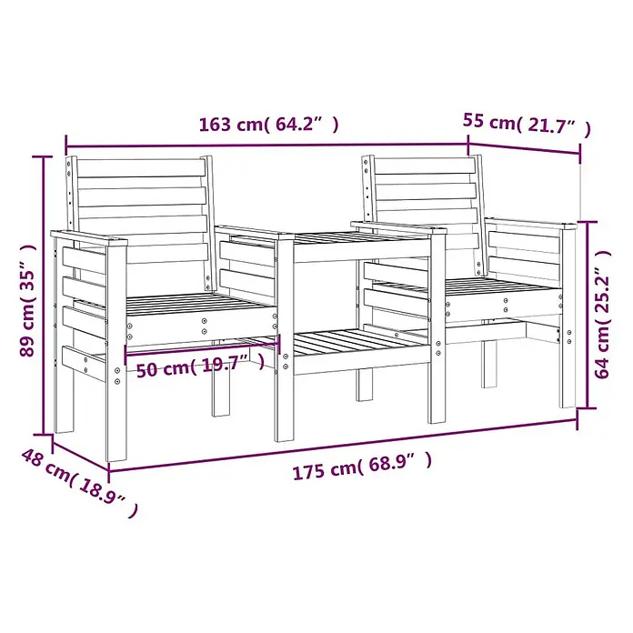 Furnicato Gartenbank Kiefernholz unbehandelt - B x T x H: 175 x 55 x 89 cm, Natürliche Kiefer - Holzgartenbank mit integriertem Mitteltisch, mit detaillierten Maßen.