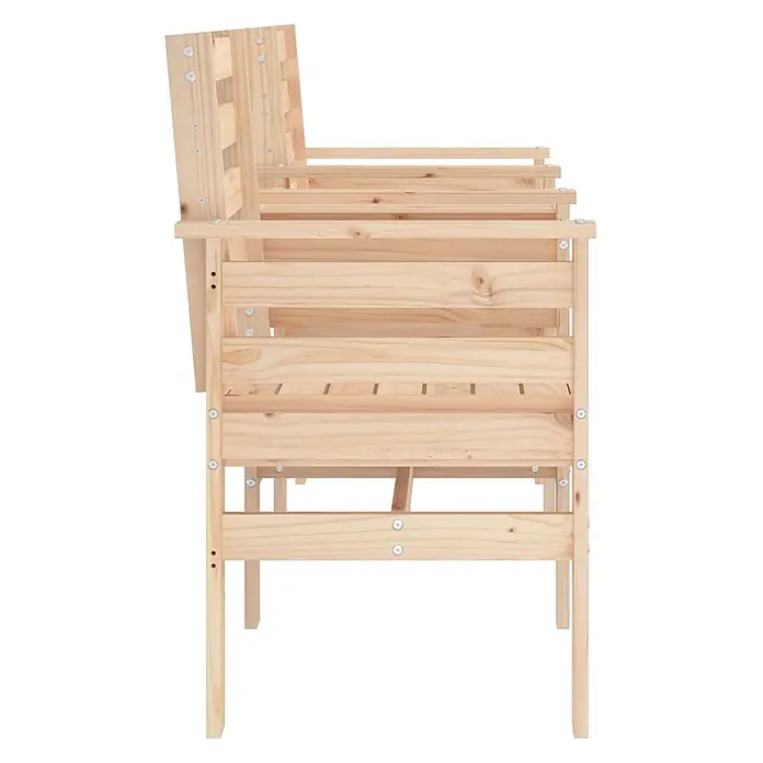 Furnicato Gartenbank Kiefernholz unbehandelt - B x T x H: 175 x 55 x 89 cm, Natürliche Kiefer - Seitenansicht einer hellbraunen Holzbank aus Kiefernholz mit Lamellenstruktur, angewinkelter Rückenlehne und sichtbaren Silberschrauben.