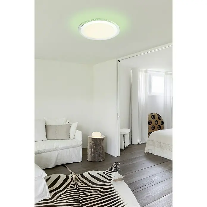 Lavida LED-Deckenleuchte rund Arrco - 30 W, Ø x H: 405 mm x 9 cm, Opal, RGB - Moderne Deckenleuchte mit sanftem Licht und grünem Akzentrand in einem stilvollen, minimalistischen Raumdesign.