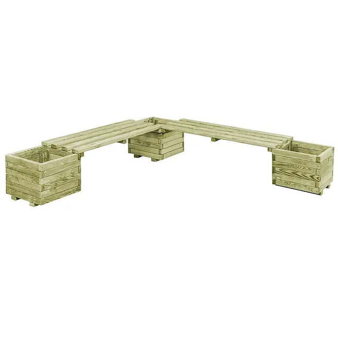 Furnicato Gartenbank - Grün - L-förmige Gartenbank aus hellgrünem Holz mit integrierten Pflanzkübeln an den Enden und einem zentralen Stützelement.