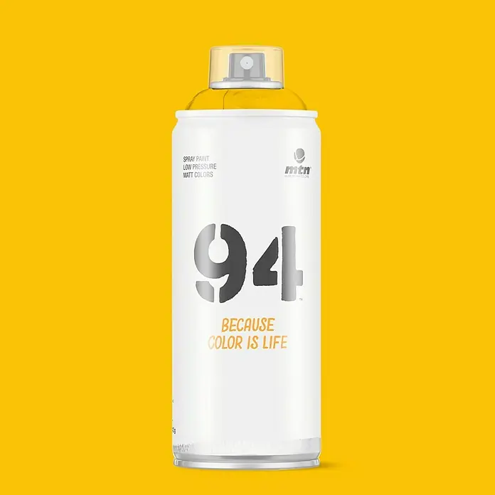 mtn Pintura decorativa en spray 94 - Dorado, Mate, 400 ml - Una lata blanca de pintura en aerosol MTN 94 con las palabras "Because color is life" sobre un fondo amarillo.