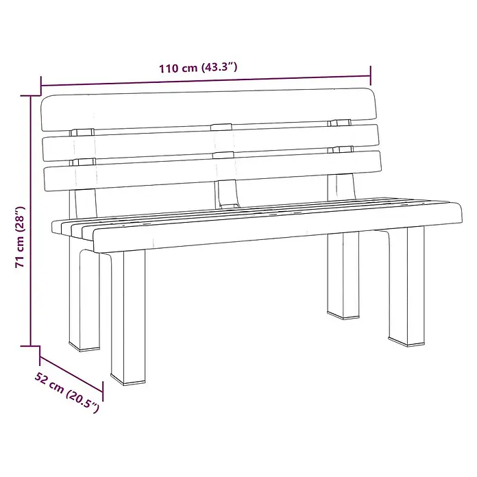 Furnicato Gartenbank Polypropylen - B x T x H: 52 x 110 x 71 cm, Grün - Bank mit Rückenlehne, Maße: 110 cm (B) x 71 cm (H) x 52 cm (T).
