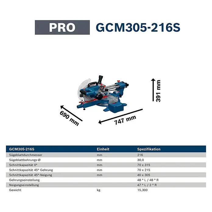 Bosch Professional Kapp- & Gehrungssäge GCM305-216S - 1.300 W, Durchmesser Sägeblatt: 216 mm, Leerlaufdrehzahl: 4.320 U/min - 5.280 U/min - Blaue Bosch GCM305-216S Kapp- und Gehrungssäge, Maße 690 mm L x 747 mm T x 391 mm H.