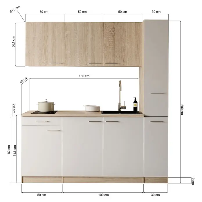 Respekta Küchenzeile Ingrid - Breite: 180 cm, Grau, Mit Kochfeld - Moderne Küchenzeile mit heller Holz-Arbeitsplatte, weißen Unterschränken und hellen Holz-Hängeschränken, inkl. Spüle und Kochfeld.