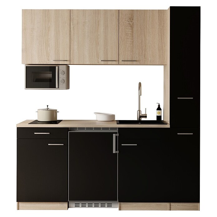Respekta Küchenzeile Ingrid (Breite: 180 cm, Schwarz, Mit Kochfeld + Kühlschrank + Mikrowelle) | BAUHAUS