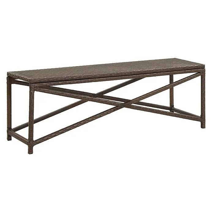 Furnicato Gartenbank PE-Rattan - B x T x H: 120 x 40 x 43 cm, Braun - Braune rechteckige Bank aus geflochtenem Rattan mit X-förmigen Querstreben.