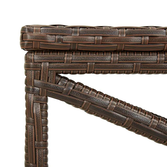 Furnicato Gartenbank PE-Rattan - B x T x H: 120 x 40 x 43 cm, Braun - Nahaufnahme einer Ecke eines braunen Flechtmöbelstücks, das die Textur des Rattans und die Fugenstruktur zeigt.