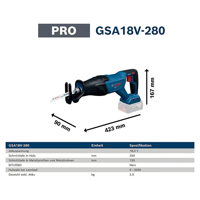 Bosch Professional AMPShare 18V Akku-Säbelsäge GSA18V-280 - 18 V, Ohne Akku, Leerlaufhubzahl: 0 /min - 3.100 /min, Inkl. L-Boxx - Bosch GSA18V-280 Akku-Säbelsäge in Blau und Schwarz mit Sägeblatt und Abmessungen.