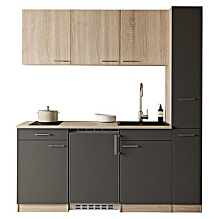 Respekta Küchenzeile Ingrid (Breite: 180 cm, Grau, Mit Kochfeld + Kühlschrank)