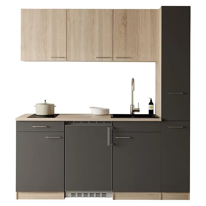 Respekta Küchenzeile Ingrid - Breite: 180 cm, Grau, Mit Kochfeld + Kühlschrank - Moderne Küche mit hellen Holz-Oberschränken und dunkelgrauen Unterschränken, inklusive Kochfeld, Spüle und Einbaugeräten.