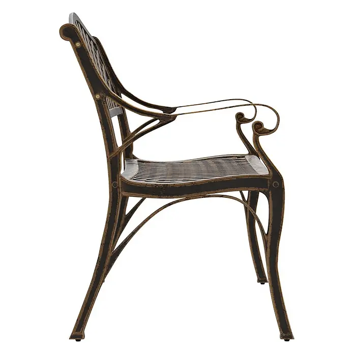 Furnicato Gartenbank - Bronzefarben - Dunkelbronze Metall-Sessel mit Lattenstruktur auf Sitz und Rückenlehne, verzierten Armlehnen, Seitenansicht.