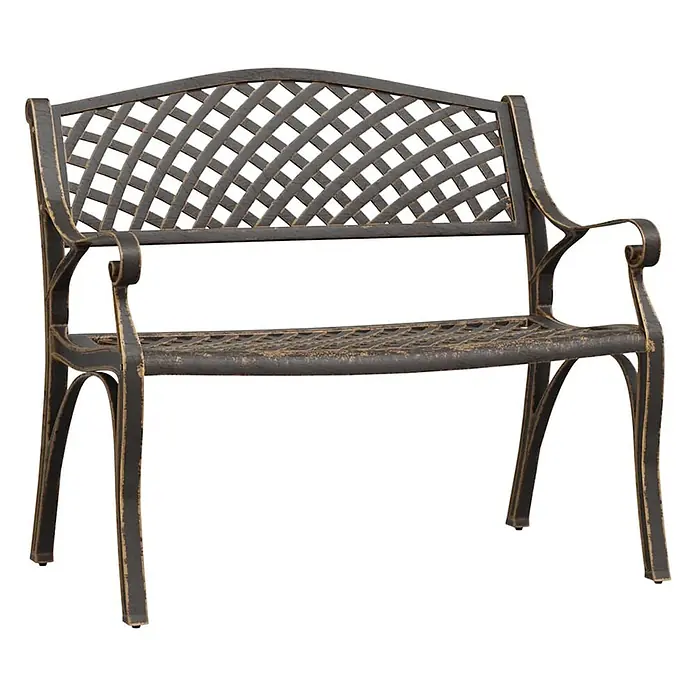 Furnicato Gartenbank - Bronzefarben - Eine Gartenbank aus dunkelbraunem Metall im Used-Look mit Rautenmuster an Rückenlehne und Sitzfläche.