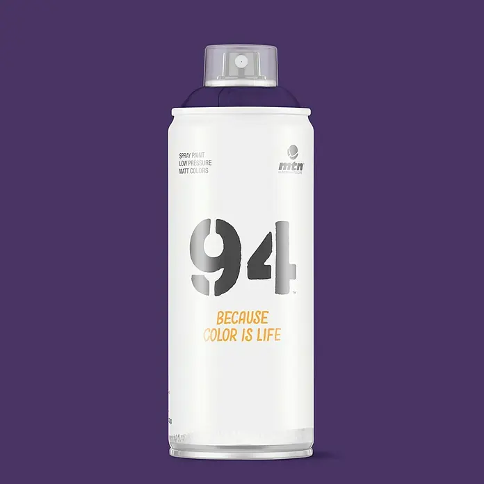 mtn Pintura decorativa en spray 94 - Violeta electra, Mate, 400 ml - Un bote de spray MTN 94 en blanco con detalles morados, ideal para proyectos de arte y aplicaciones creativas. Su pintura mate ofrece un acabado profesional.