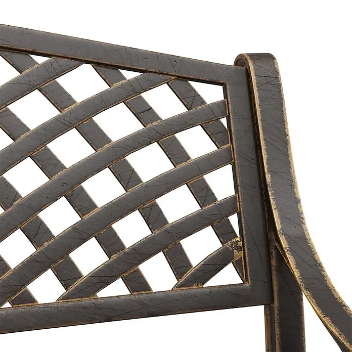 Furnicato Gartenbank - Bronzefarben - Distressed dunkle Metall-Stuhllehne mit Goldakzenten und diagonalem Gittermuster.