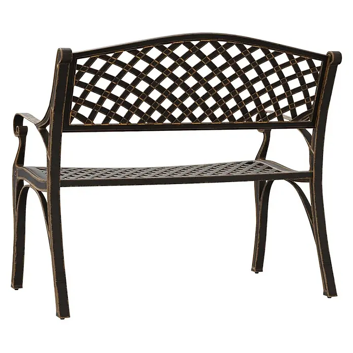 Furnicato Gartenbank - Bronzefarben - Antike bronzefarbene Metallgartenbank mit Gitterrückenlehne, Sitzfläche und geschwungenen Armlehnen.