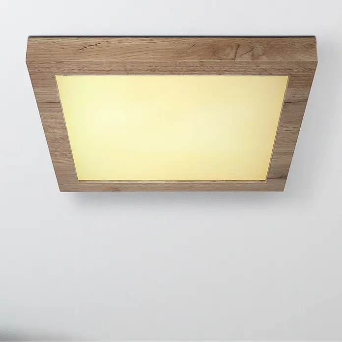 Globo LED-Deckenleuchte Xavvi - 16 W, Warmweiß, Braun, L x B x H: 35 x 35 x 6 cm - Bündige Deckenleuchte mit hellem Holzrahmen und warmgelbem, leuchtendem Diffusor.