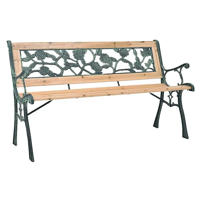 Furnicato Gartenbank Holz Schmiedeeisen - B x T x H: 122 x 51 x 73 cm, Braun - Gartenbank mit natürlichen Holzlatten und dunkelgrünem Metallrahmen mit dekorativem Rosenmuster auf der Rückenlehne.