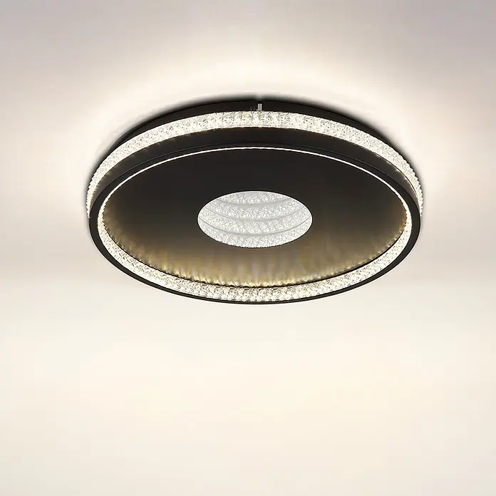 Globo LED-Deckenleuchte rund Shirley - 30 W, Ø x H: 41 x 6,5 cm - Runde, schwarze LED-Deckenleuchte mit funkelnden Kristallakzenten an Innen- und Außenring, an einer Decke montiert.