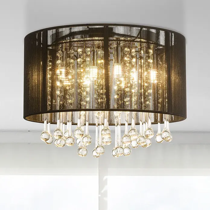 Globo LED-Deckenleuchte Bagana - Ø x H: 40 x 29 cm - Schwarze, trommelförmige Deckenleuchte mit Netzschirm, warmes Licht durch strukturierte Innenseite, verziert mit klaren Glastropfenanhängern.
