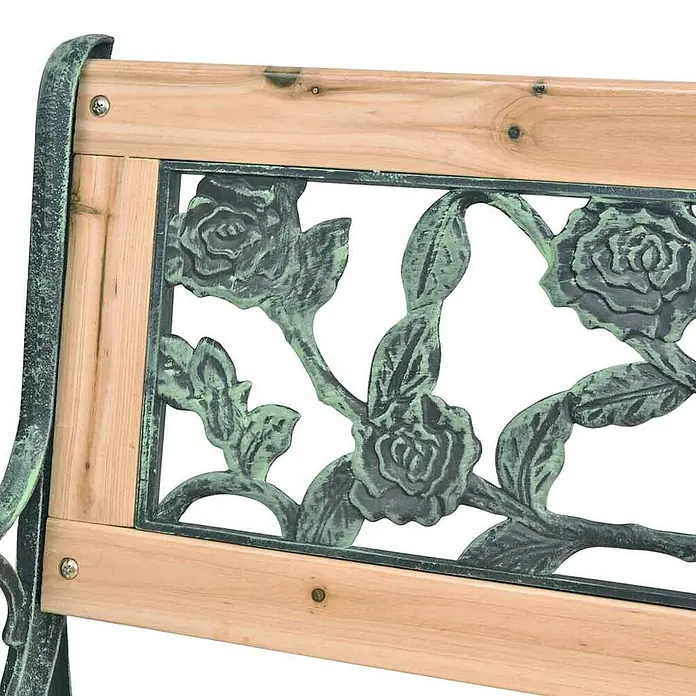 Furnicato Gartenbank Holz Schmiedeeisen - B x T x H: 122 x 51 x 73 cm, Braun - Nahaufnahme einer Gartenbank-Rückenlehne aus hellem Holz und dunkelgrünem Metall mit Rosenmotiv.