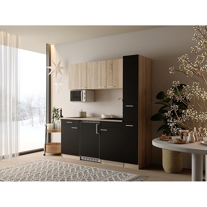 Respekta Küchenzeile Ingrid (Breite: 180 cm, Schwarz, Mit Kochfeld + Kühlschrank + Mikrowelle) | BAUHAUS