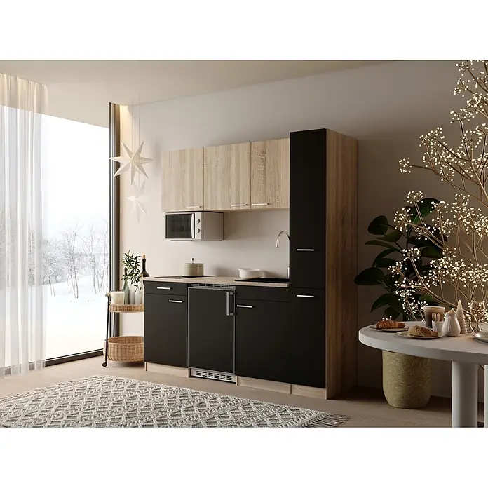 Respekta Küchenzeile Ingrid - Breite: 180 cm, Schwarz, Mit Kochfeld + Kühlschrank + Mikrowelle - Kompakte Küchenzeile mit schwarzen Fronten und hellen Holzdetails, integrierten Geräten und Spüle.