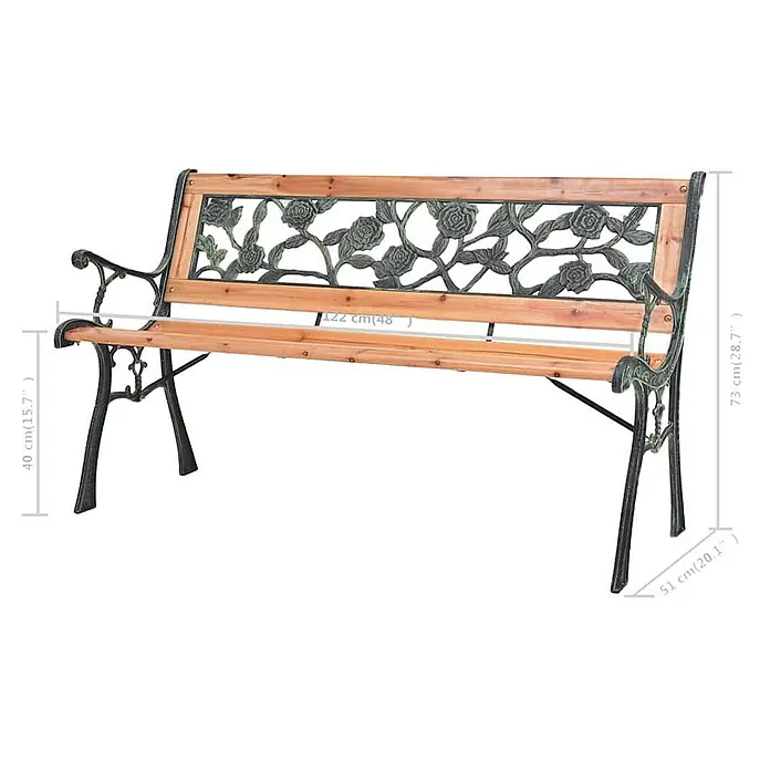 Furnicato Gartenbank Holz Schmiedeeisen - B x T x H: 122 x 51 x 73 cm, Braun - Gartenbank aus Holz mit dunklem Metallrahmen und Rückenlehne mit Rosenmotiv.